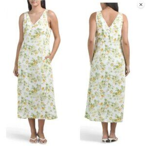 Laura Ashley Linen Floral Dress Cottagecore Midi V-Neck